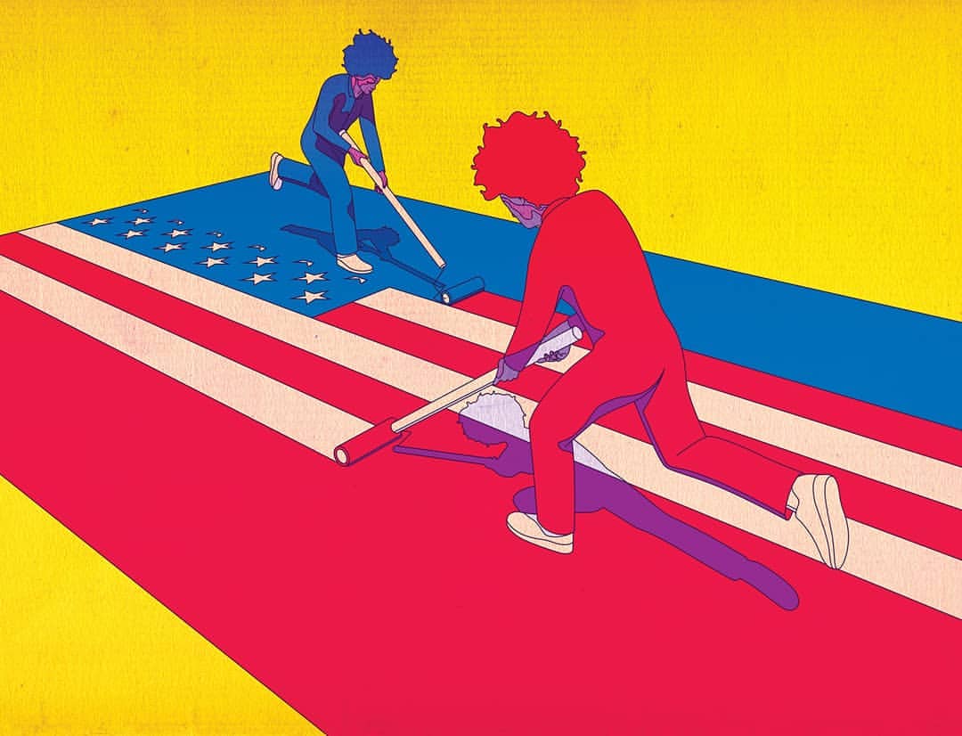 Illustration features two figures painting an American flag in a flat, graphic style against a bright yellow backdrop, creating a bold visual statement.