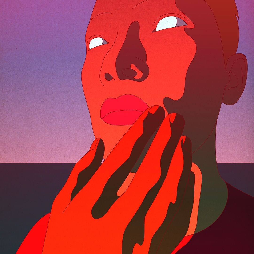 Abstract illustration of a red-toned human face with glowing eyes and a hand near the face against a purple and orange background.