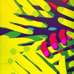 Colorful vector illustration by Eric Petersen featuring overlapping abstract hands with yellow, red, and green nails on a dark background