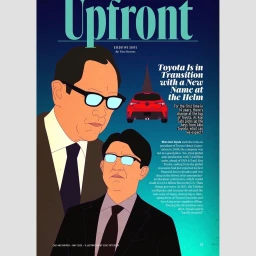 Digital illustration of two men in dark suits and glasses with a red car visible between them