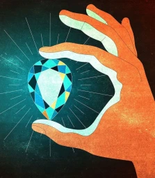 Illustrated hand holding a glowing faceted gemstone with radiating light lines against a textured dark background