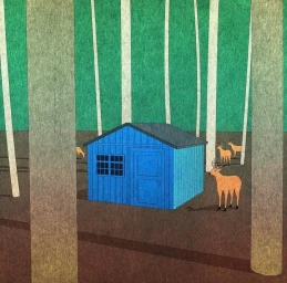 Illustrated square scene of a small blue wooden cabin nestled among vertical white tree trunks with several deer.