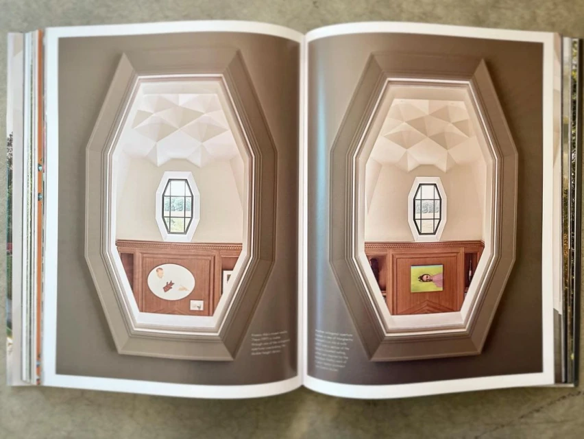 Interior design book double-page spread featuring matching arched niches, wood cabinets, and geometric lighting in a modern home.