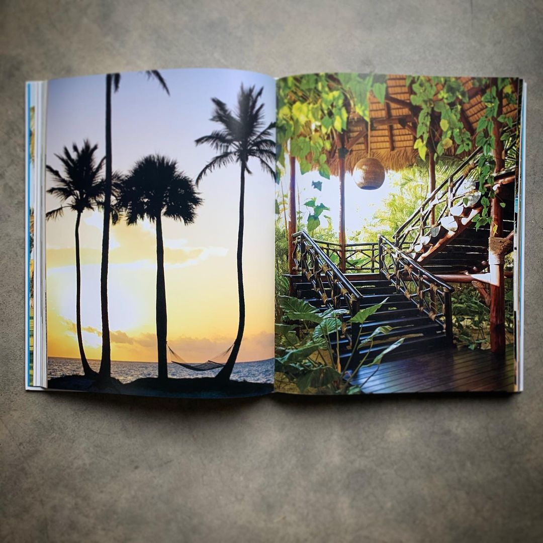 Open book showcasing a split image: tropical beach sunset with palms and hammock, juxtaposed with lush green jungle and stairs.