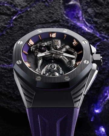 High-angle shot of a Black Panther wristwatch with a purple band against a textured black background, highlighting the watch's design.