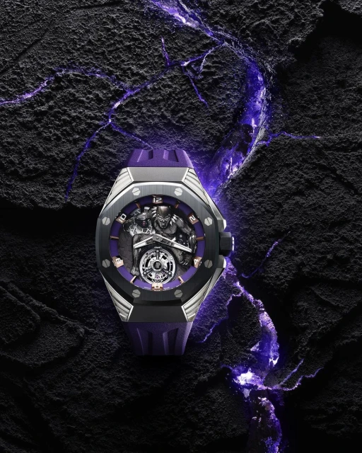 Luxury wristwatch featuring Black Panther design and purple accents, displayed on a textured black surface with purple highlights.
