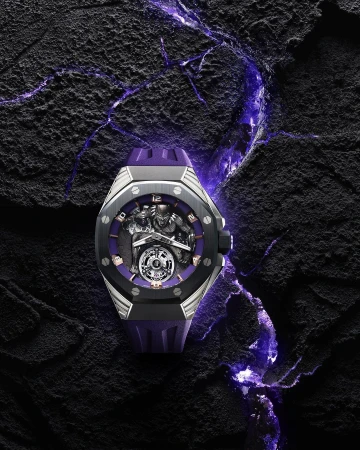 Luxury wristwatch featuring Black Panther design and purple accents, displayed on a textured black surface with purple highlights.
