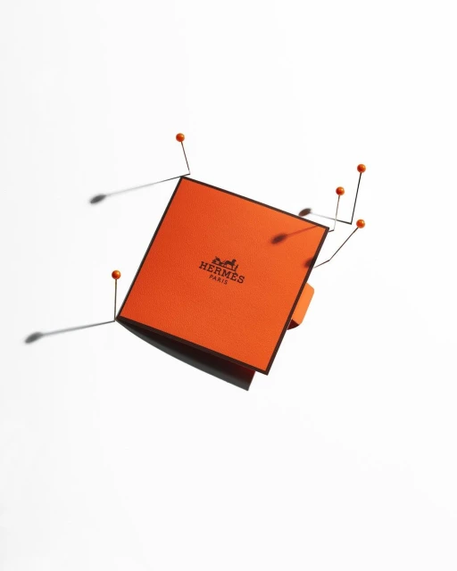 Orange Hermès box with black trim is pinned to a white surface with common orange push-pins, casting shadows, in this studio shot.