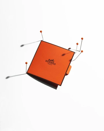 Orange Hermès box with black trim is pinned to a white surface with common orange push-pins, casting shadows, in this studio shot.