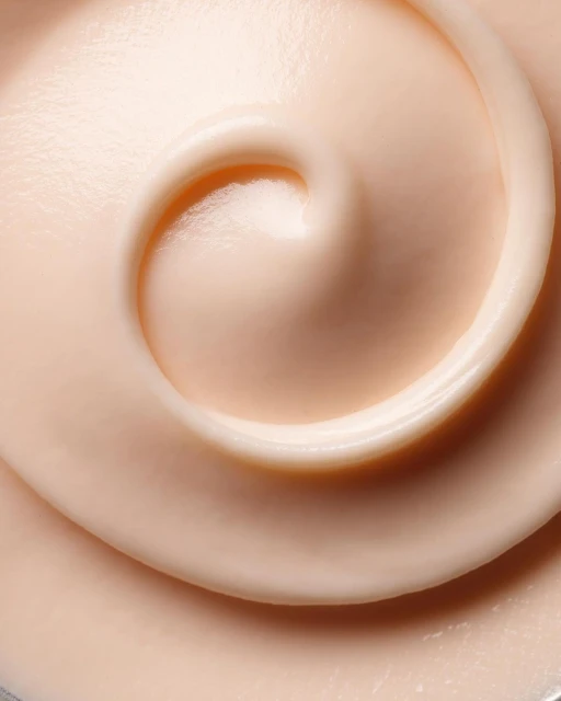 Close-up of a swirling pattern in a light peach-colored creamy substance, likely a facial cream or cosmetic product, smooth texture.