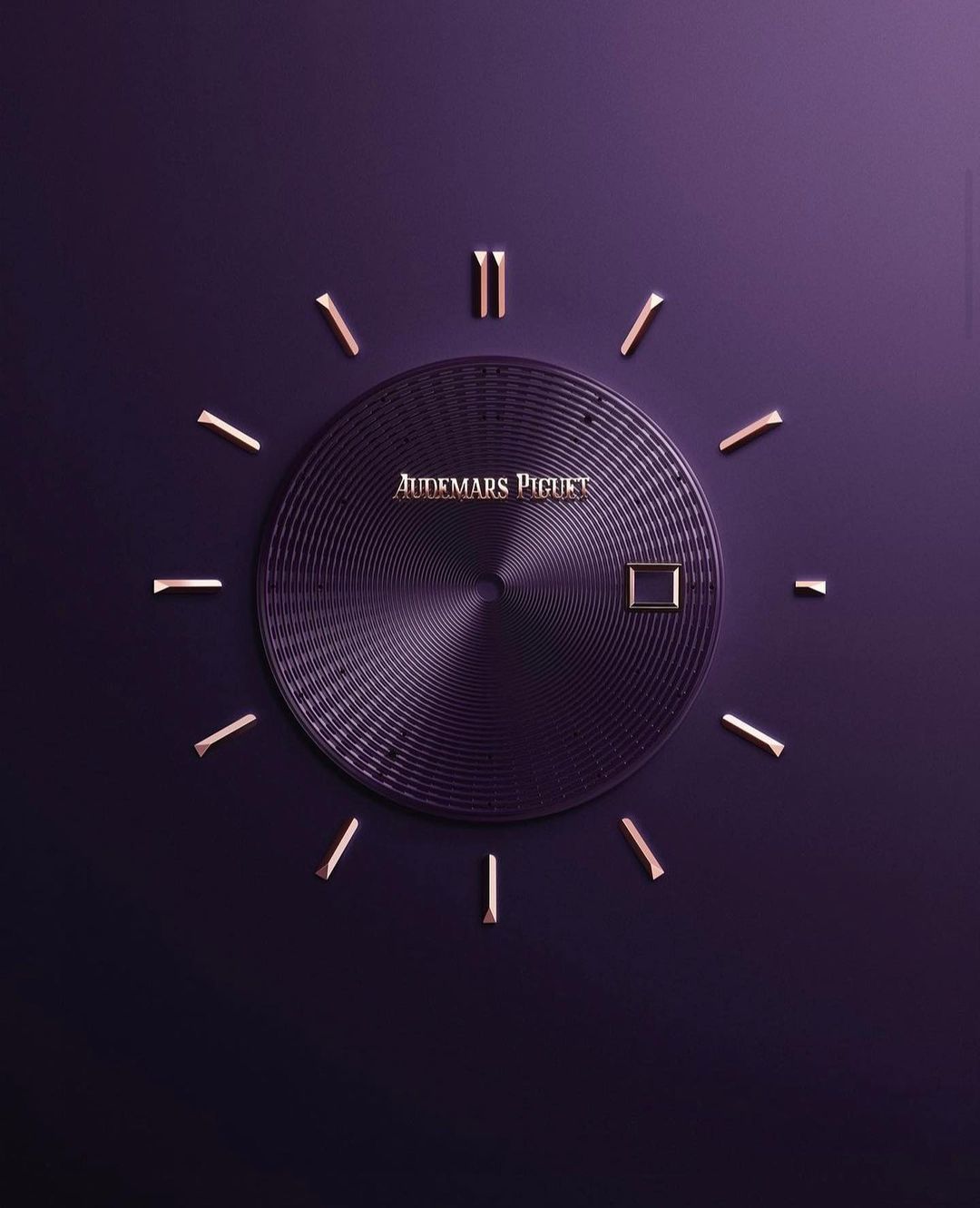 Close-up studio shot of a deconstructed Audemars Piguet watch face with golden hour markers on a textured purple background.