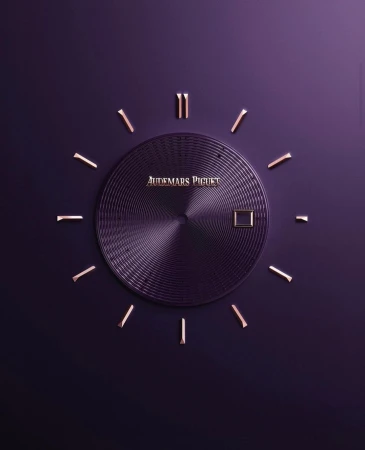 Close-up studio shot of a deconstructed Audemars Piguet watch face with golden hour markers on a textured purple background.