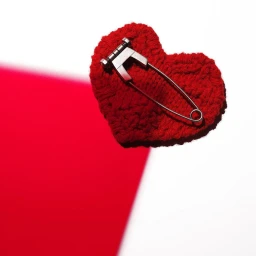 A knitted red heart ornament pinned with a large silver safety pin rests against a contrasting white and red background.