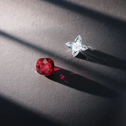 Close-up of a faceted red ruby and a star-cut diamond resting on a dark textured surface under angled morning light.