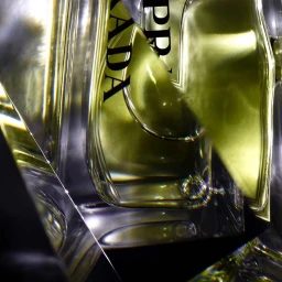 Close-up abstract shot of a glass perfume bottle with Prada branding, refracting golden light against a dark background.