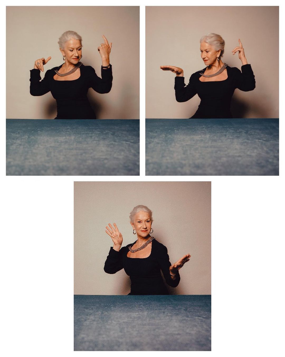 Triptych portrait of a mature woman with short grey hair, wearing a black dress and silver necklace, posing in front of a neutral background.