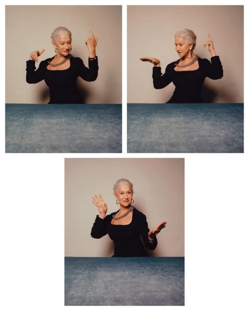 Triptych portrait of a mature woman with short grey hair, wearing a black dress and silver necklace, posing in front of a neutral background.