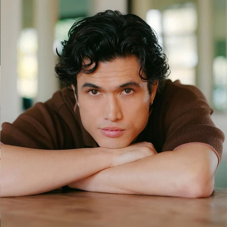 Close-up portrait of a man with dark curly hair leaning on his forearms, wearing a brown knit polo shirt.