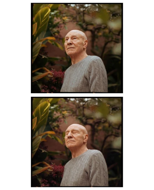 Two vertical portraits of older adult man with a bald head and gray sweater, photographed outdoors with green leafy plants in the background.