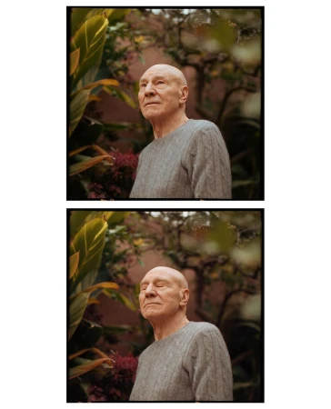 Two vertical portraits of older adult man with a bald head and gray sweater, photographed outdoors with green leafy plants in the background.