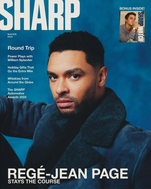 Magazine cover featuring Regé-Jean Page in a navy coat against a blue backdrop with 'SHARP' and article titles in white text.