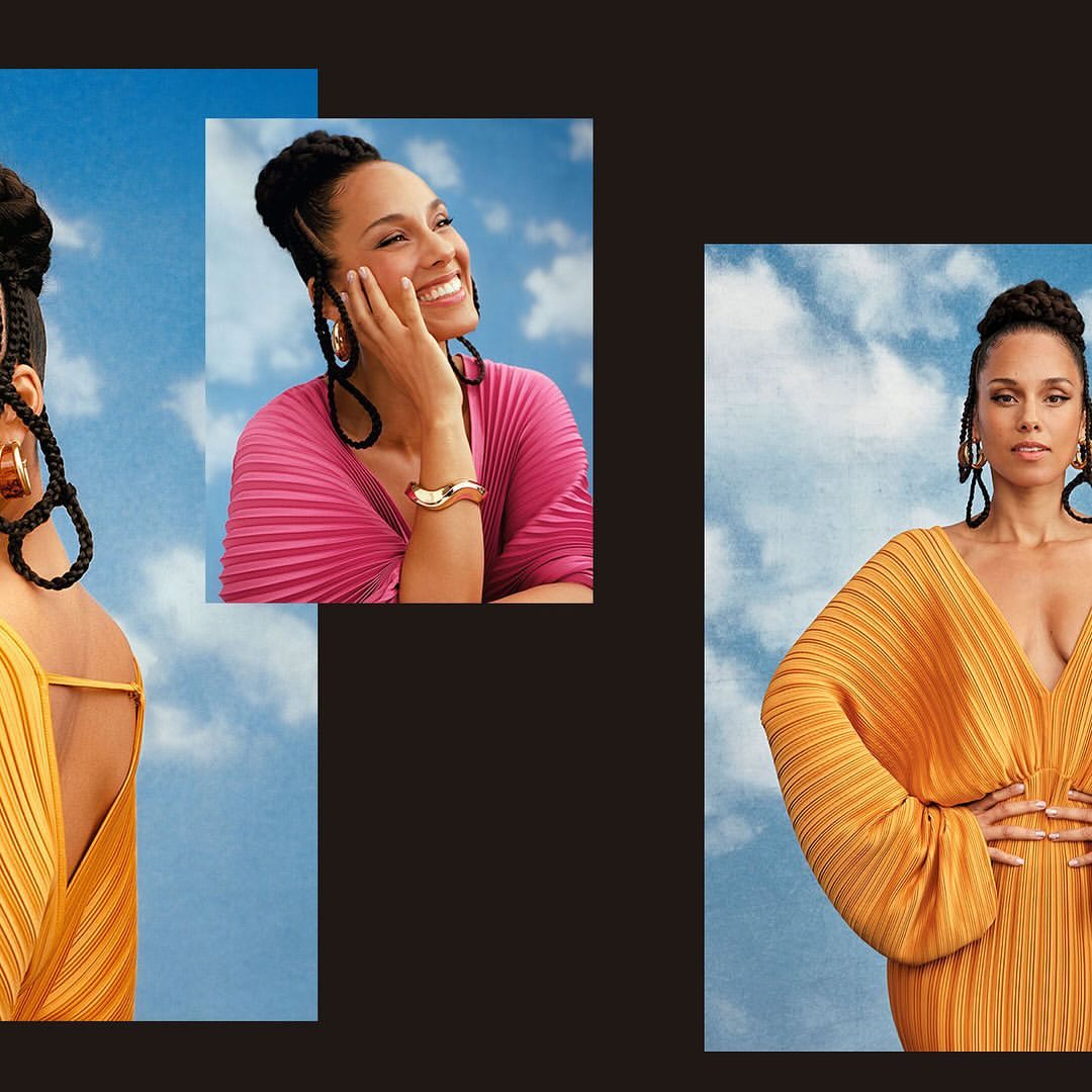 Portraits of a woman with braided hair wearing a yellow dress against a blue sky background, celebrating beauty and natural textures.