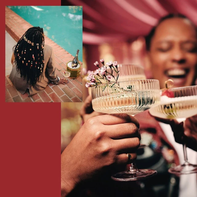 Two scenes side-by-side: Woman sitting by pool with champagne, and people celebrating with champagne flutes filled with sparkling wine.