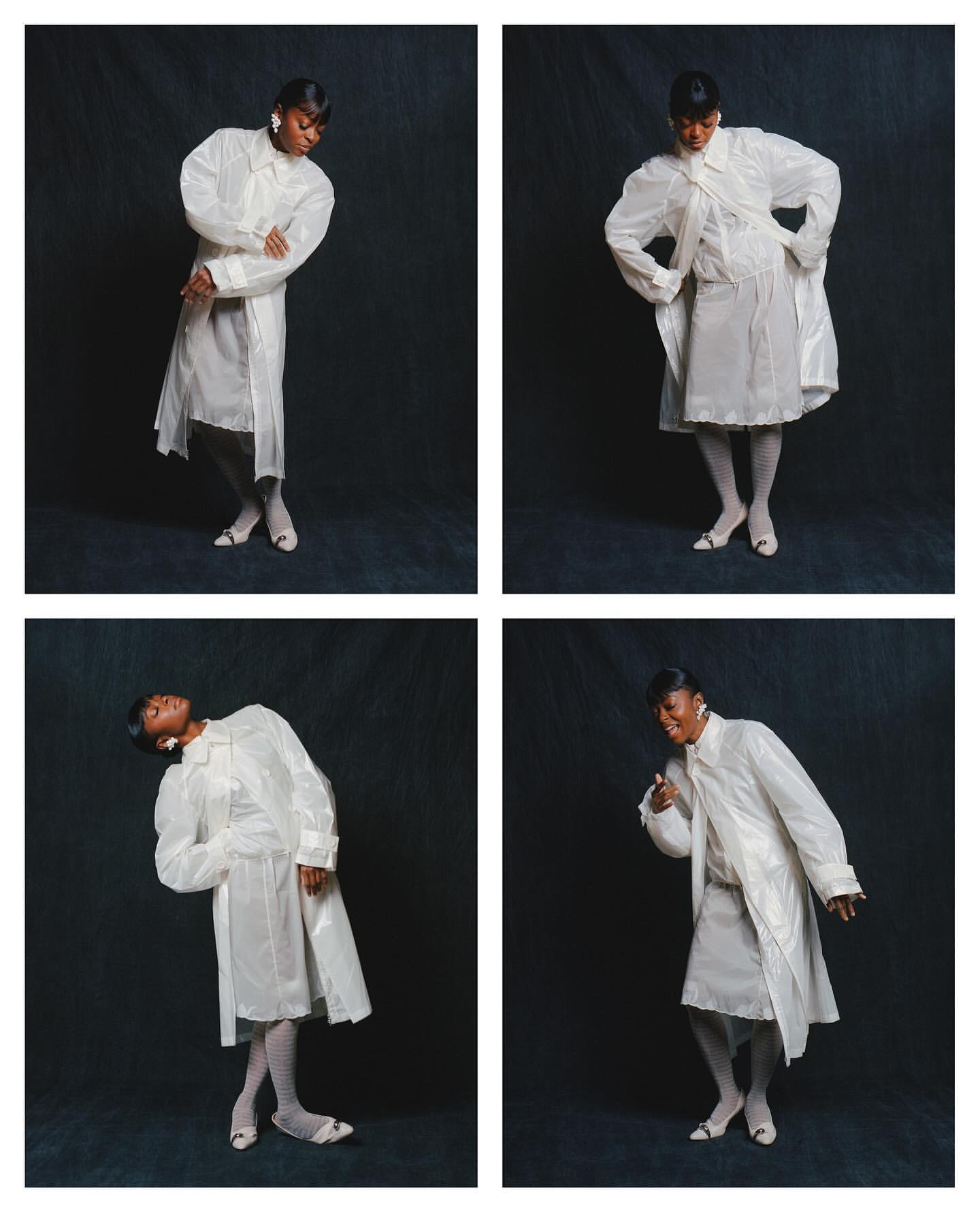 Multiple shots of a Black model in a white dress and tights against a dark background in a studio fashion photography layout.