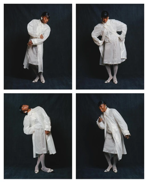 Multiple shots of a Black model in a white dress and tights against a dark background in a studio fashion photography layout.