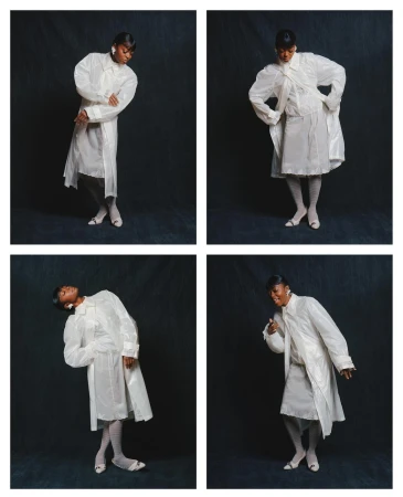 Multiple shots of a Black model in a white dress and tights against a dark background in a studio fashion photography layout.
