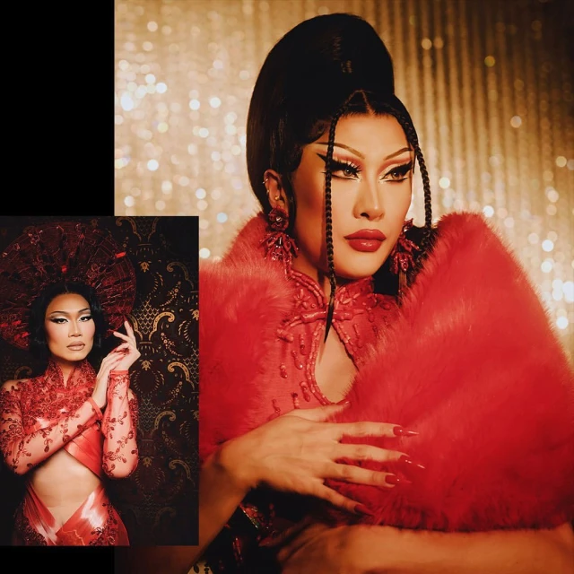 Glamorous drag queen in red outfit and dramatic makeup poses against a glittering backdrop with inset image. Beauty and fashion concept.