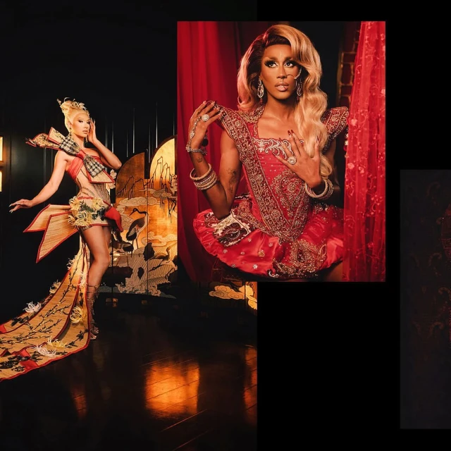 Two drag queens pose in elaborate, Asian-inspired costumes against a dark background with red accents and traditional Asian screens.