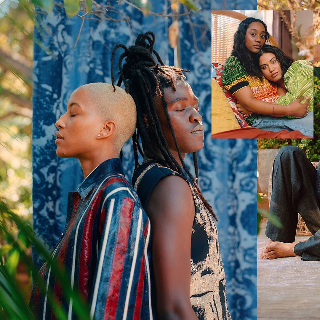 Artistic collage featuring two women back-to-back, portraits of two women embracing, and blue patterned fabric, outdoors with natural light.