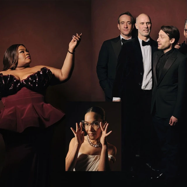 Group portrait featuring five people in formalwear, one woman in an elaborate gown, and a smaller portrait of a woman in glasses.