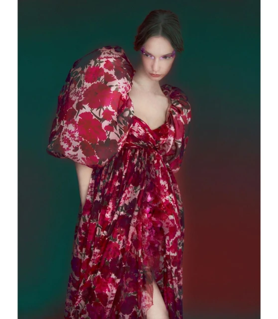 Woman in elegant red floral gown with dramatic puffy sleeves and glitter eye makeup poses against a gradient background in a studio portrait.
