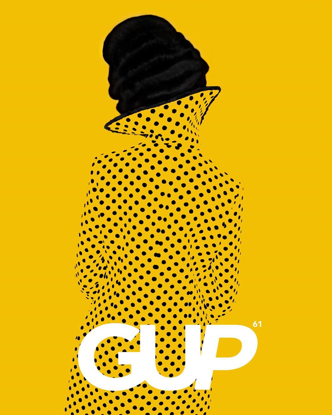 Woman wearing a yellow polka dot coat and black hat stands against a yellow background in this fashion-forward vector illustration.