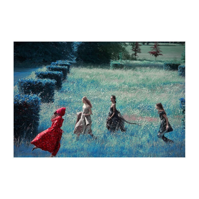 Four women in formal gowns walking through a grassy field lined with bushes and trees, evoking a sense of fashion and nature.