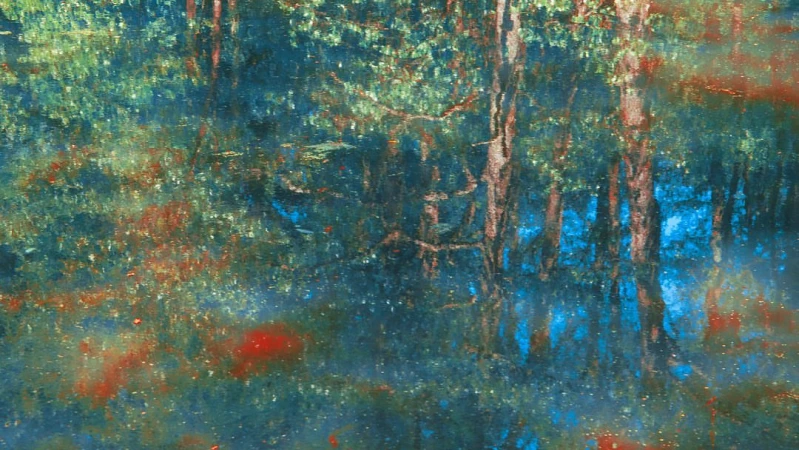 Impressionistic painting of forest trees reflected in water with hues of blue, green, and red creating a natural, tranquil scene.