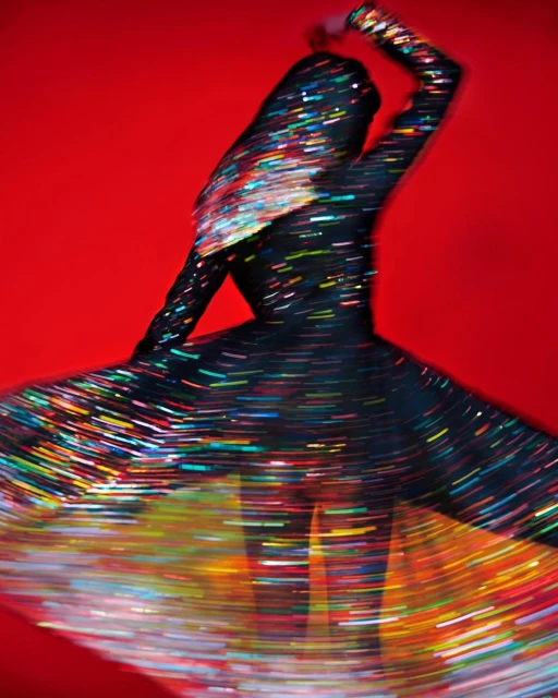 Motion blur photo of an adult female wearing a dress, with long hair, arms raised, against a vivid red backdrop and studio lighting.