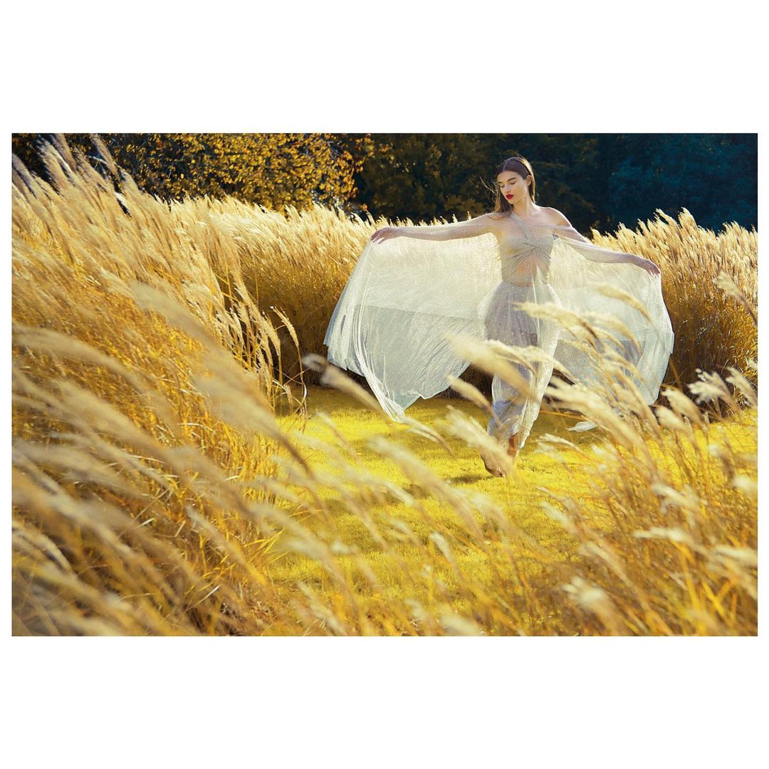 Young woman in flowing white dress walks through tall golden field grass in a nature scene with soft lighting and dark green trees.