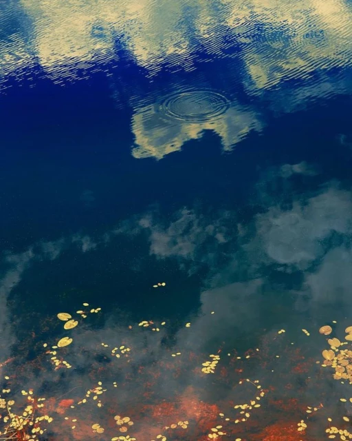 Reflection of clouds and sky on a dark blue water surface with ripples and scattered water lilies in a nature scene.