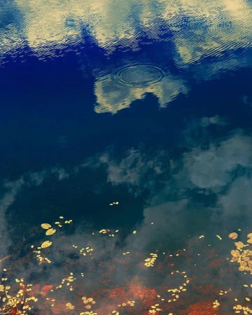 Reflection of clouds and sky on a dark blue water surface with ripples and scattered water lilies in a nature scene.