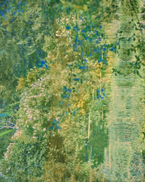 Impressionistic water reflection of trees and sky creating an abstract nature scene with green, blue, and brown hues.