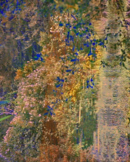 Impressionistic abstract landscape of a forest with trees and foliage reflected in water, creating a mirrored, blurred aesthetic.