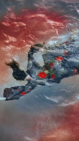 Abstract portrait of a human figure underwater in an artistic style featuring mottled reds, blues, and whites, creating a fluid, surreal image.