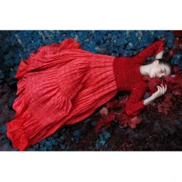 Woman wearing a bright red ruffled long-sleeve dress lying amidst dark foliage and red leaves