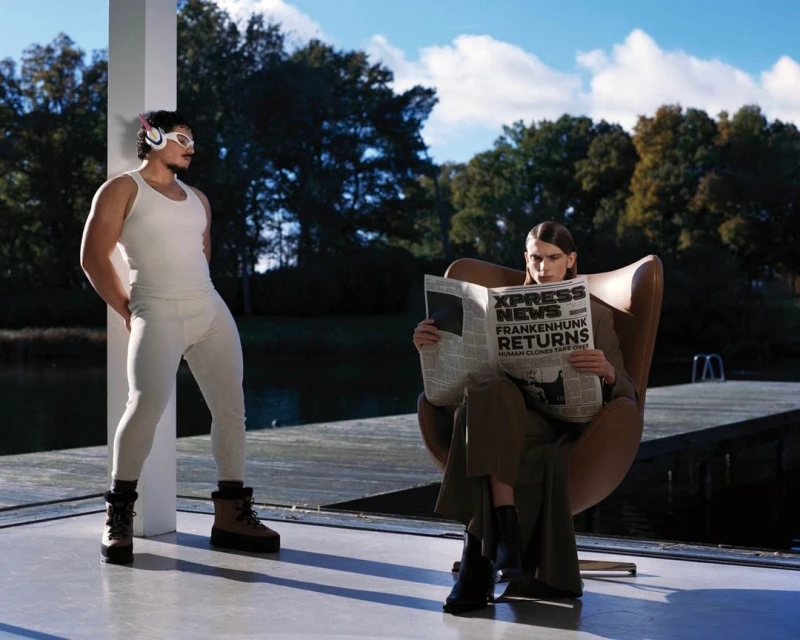 Two people, one seated reading a newspaper and another standing in athletic clothing by a lake on a sunny day. Fashion editorial shoot.