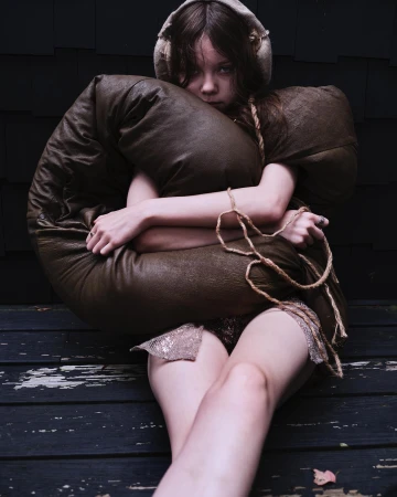 Portrait of a fair-skinned woman in hooded clothing embracing a large brown pillow, seated outdoors against dark wooden boards.