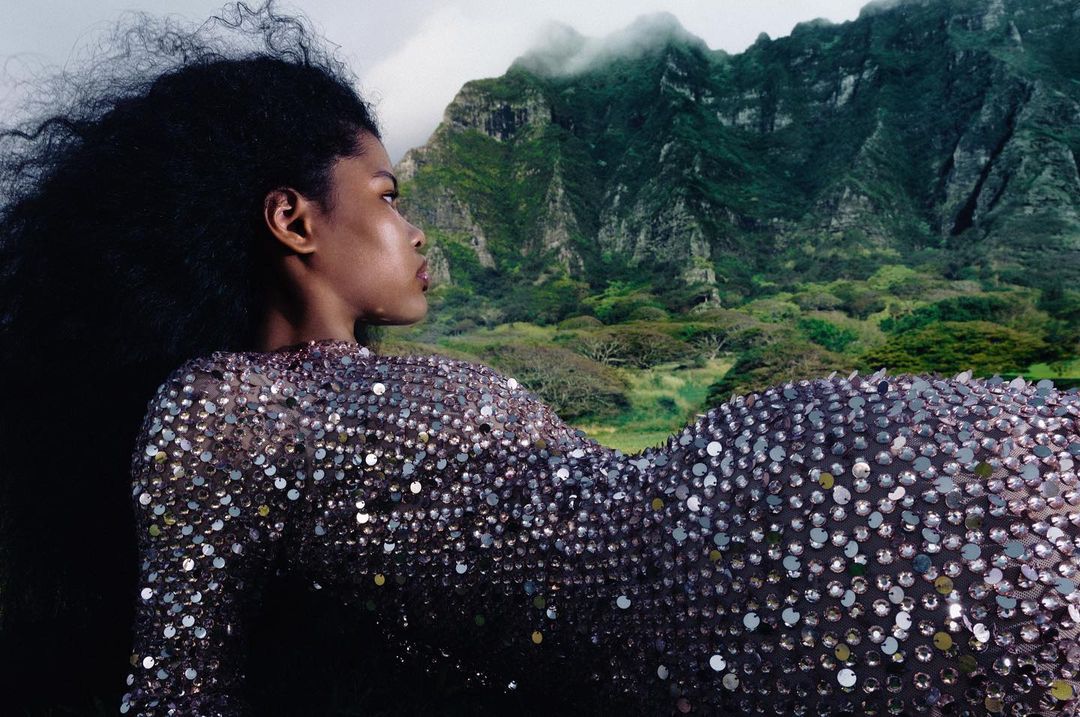 Elegant black woman in sequined dress poses against a dramatic mountain backdrop, fashionably blending nature and high-end style.