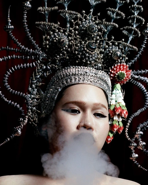 A person with an elaborate metallic headpiece exhales a cloud of smoke, set against a dark red backdrop, creating a dramatic portrait.